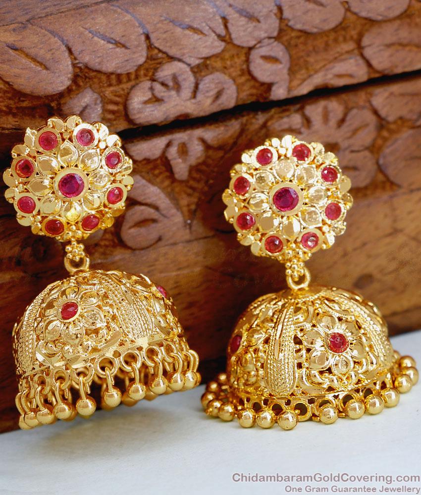 Floral Design One Gram Gold Big Jhumki Ruby Stone Earring ER5054 Floral Design One Gram Gold Big Jhumki Ruby Stone Earring ER5054