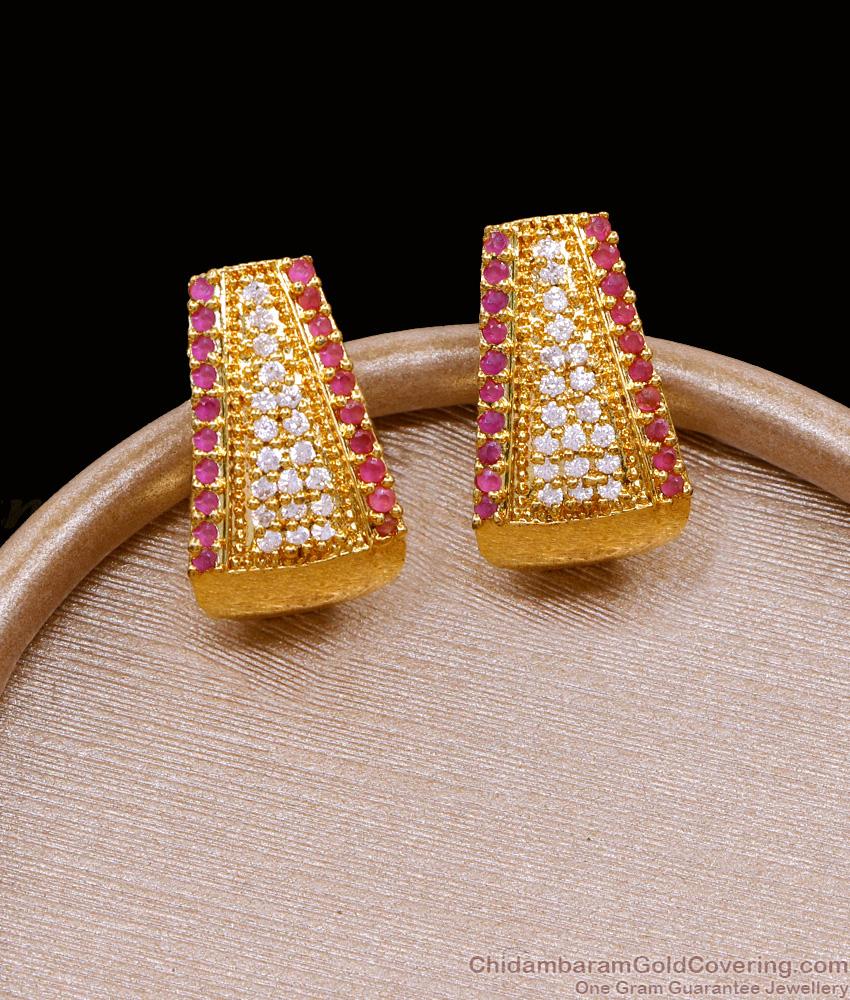 Daily Wear Ruby White Stone Gold Imitation Stud J Type Earring ER5069