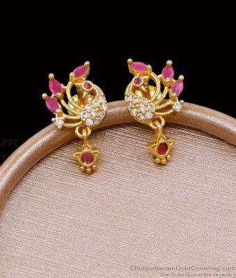 Stylish Peacock Design Gold Imitation Earring With Ruby White Stone ER5085