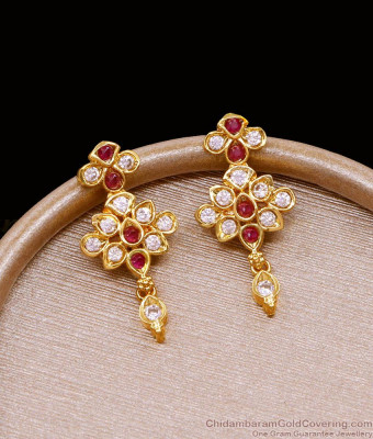 Traditional One Gram Gold Dangler Earring Ruby White Stone Design ER5112