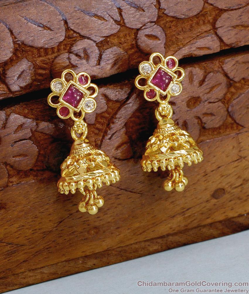 Real Gold Design Ruby White Stone Jhumki Earring Shop Online ER5119 Real Gold Design Ruby White Stone Jhumki Earring Shop Online ER5119