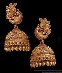 Beautiful Peacock Design Kemp Stone Antique Jhumkas Temple Jewelry Earrings ER5172