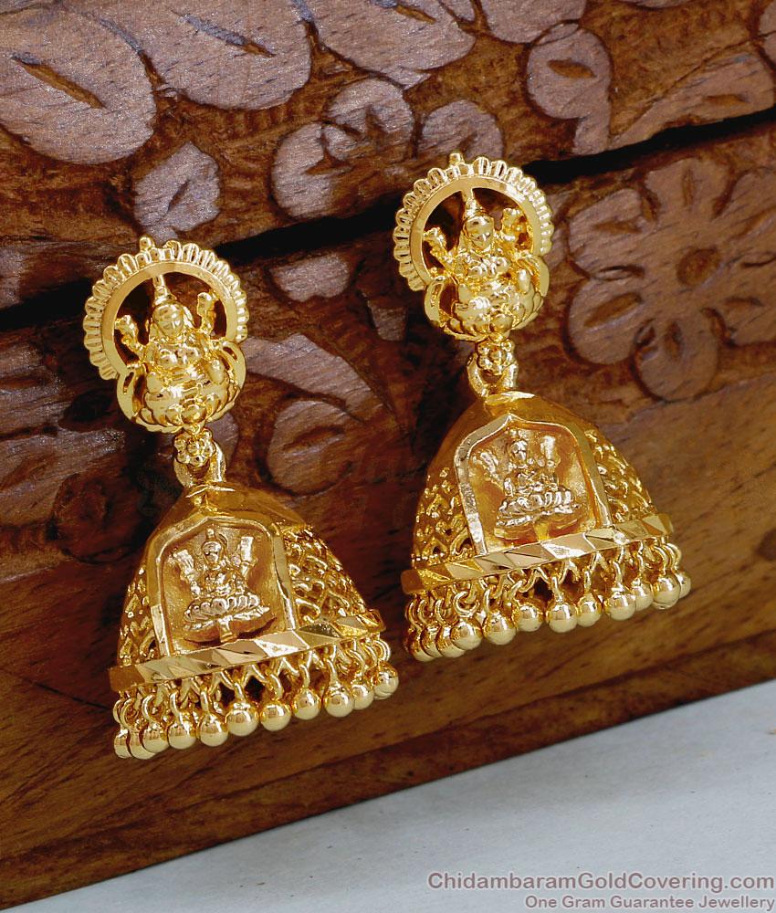 Traditional Lakshmi Motif Gold Imitation Jhumkas Festive Jewelry Design Traditional Lakshmi Motif Gold Imitation Jhumkas Festive Jewelry Design
