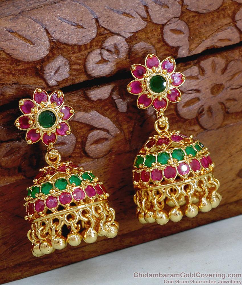 Beautiful One Gram Gold Bridal Jhumkas Ruby Green Stone Design ER5225 Beautiful One Gram Gold Bridal Jhumkas Ruby Green Stone Design ER5225