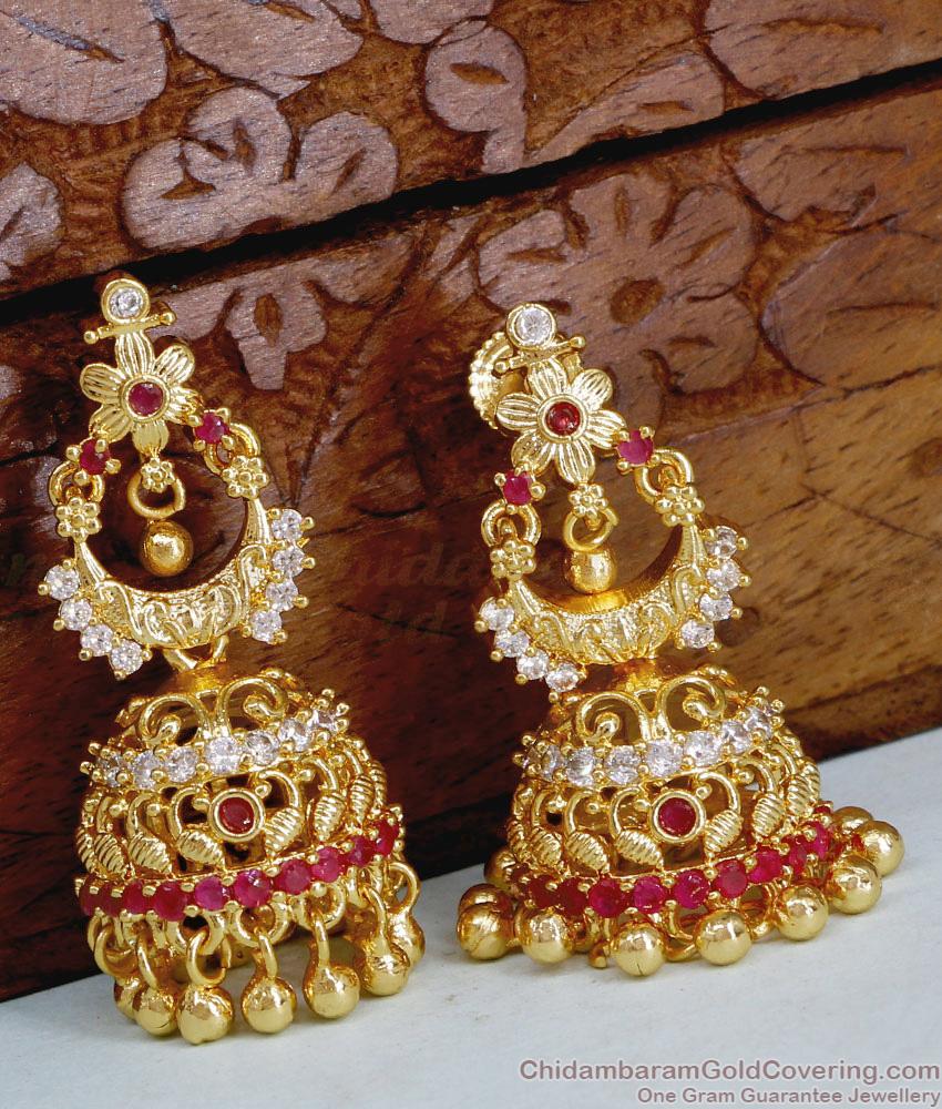 Pure Gold Tone Ruby White Stone Jhumki Earring For Wedding ER5226 Pure Gold Tone Ruby White Stone Jhumki Earring For Wedding ER5226
