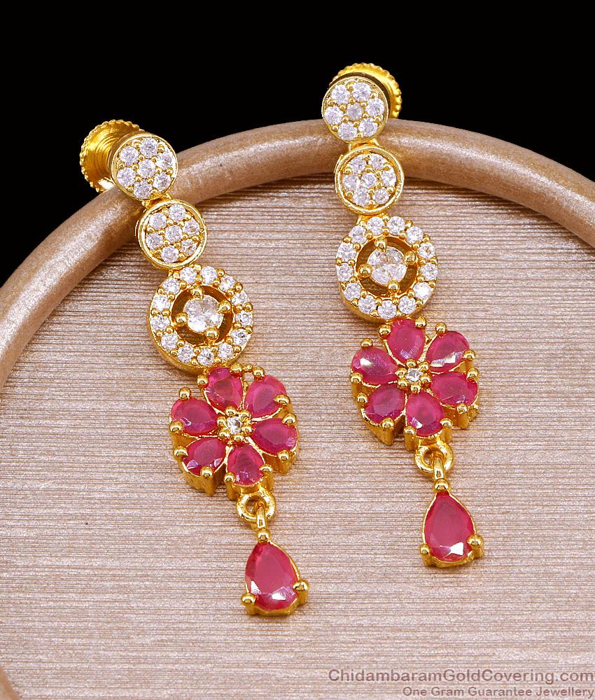 Grand Bridal Wear Ruby White Stone Floral Gold Earring Design ER5236