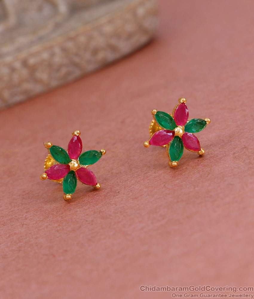 Stylish Ruby Green Stone Floral Studs 1 Gram Gold Earring ER5266 Stylish Ruby Green Stone Floral Studs 1 Gram Gold Earring ER5266