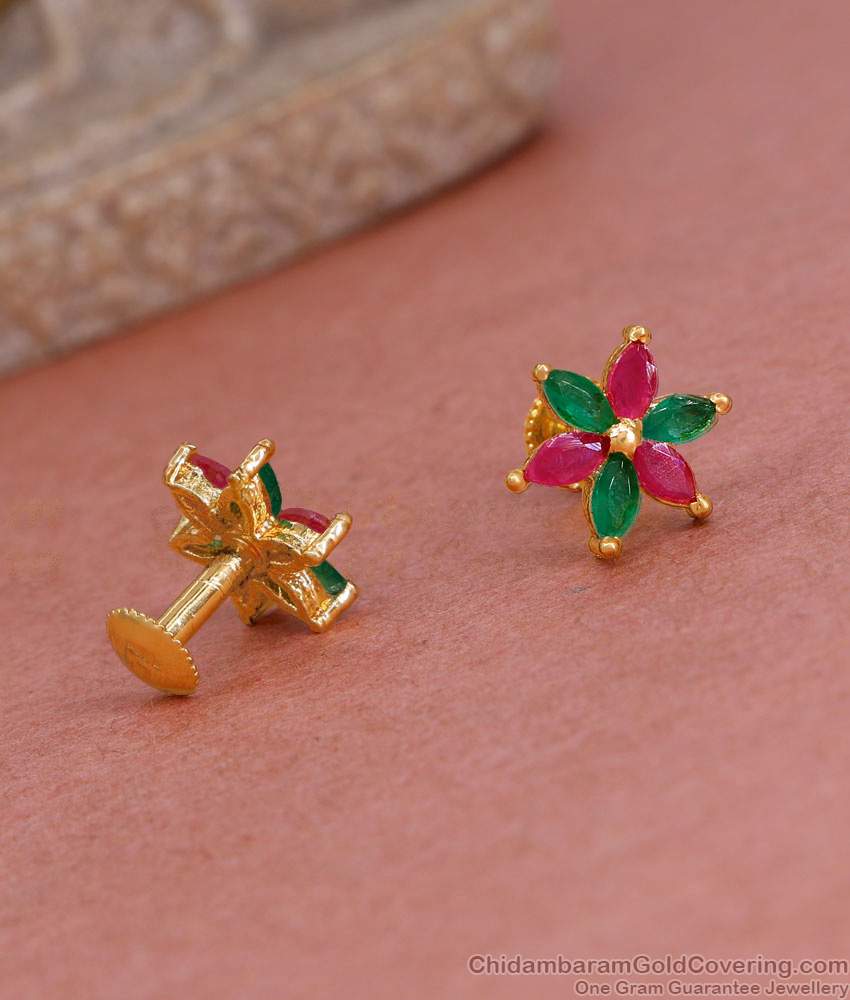 Stylish Ruby Green Stone Floral Studs 1 Gram Gold Earring ER5266 Stylish Ruby Green Stone Floral Studs 1 Gram Gold Earring ER5266