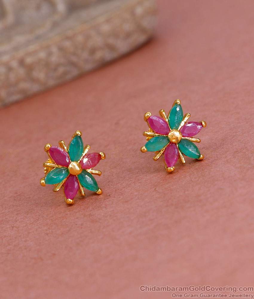 Latest 6 Petal Floral Gold Stud With Ruby Green Stone Online ER5271 Latest 6 Petal Floral Gold Stud With Ruby Green Stone Online ER5271