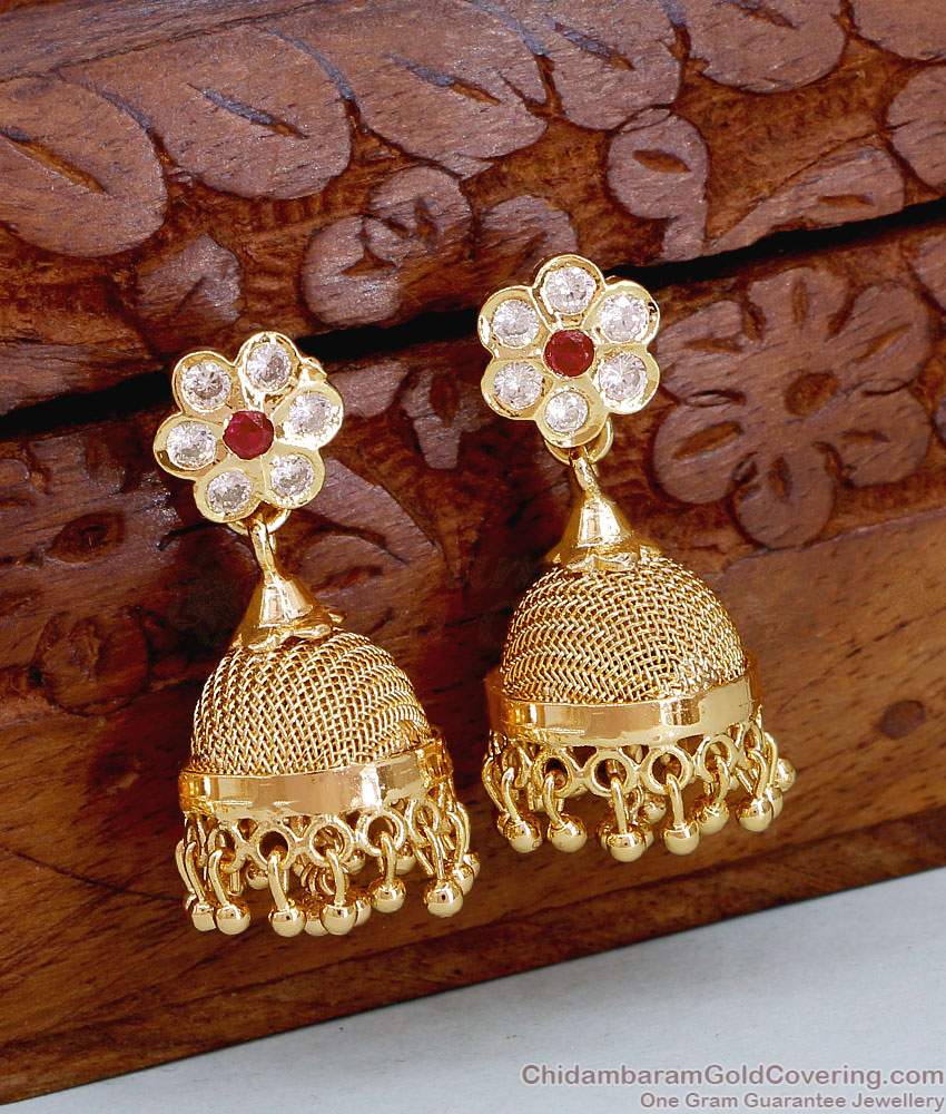 Real Gold Look Ruby White Stone Impon Jhumki Earring Online ER5298 Real Gold Look Ruby White Stone Impon Jhumki Earring Online ER5298