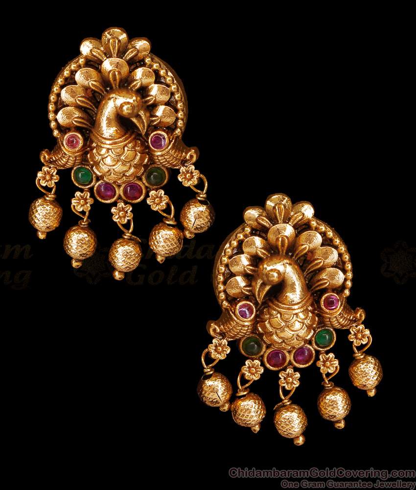 Matt Finish Small Peacock Design Antique Earring With Kemp Stone ER5322