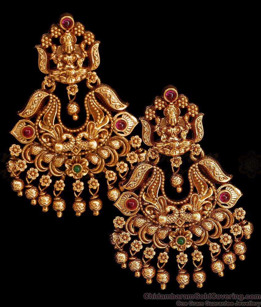 Bridal Wear Ruby Green Stone Antique Gold Dangler Earring Lakshmi Design ER5331