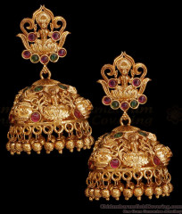 Heavy Bridal Wear Anqtiue Gold Jhumki Lakshmi Design With Kemp Stone ER5335