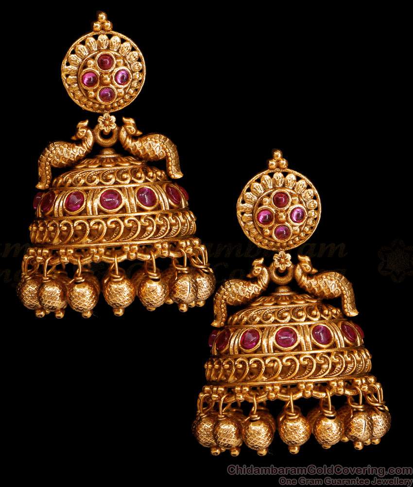 Grand Temple Wear Antique Gold Jhumki Ruby Stone Earring Online ER5336