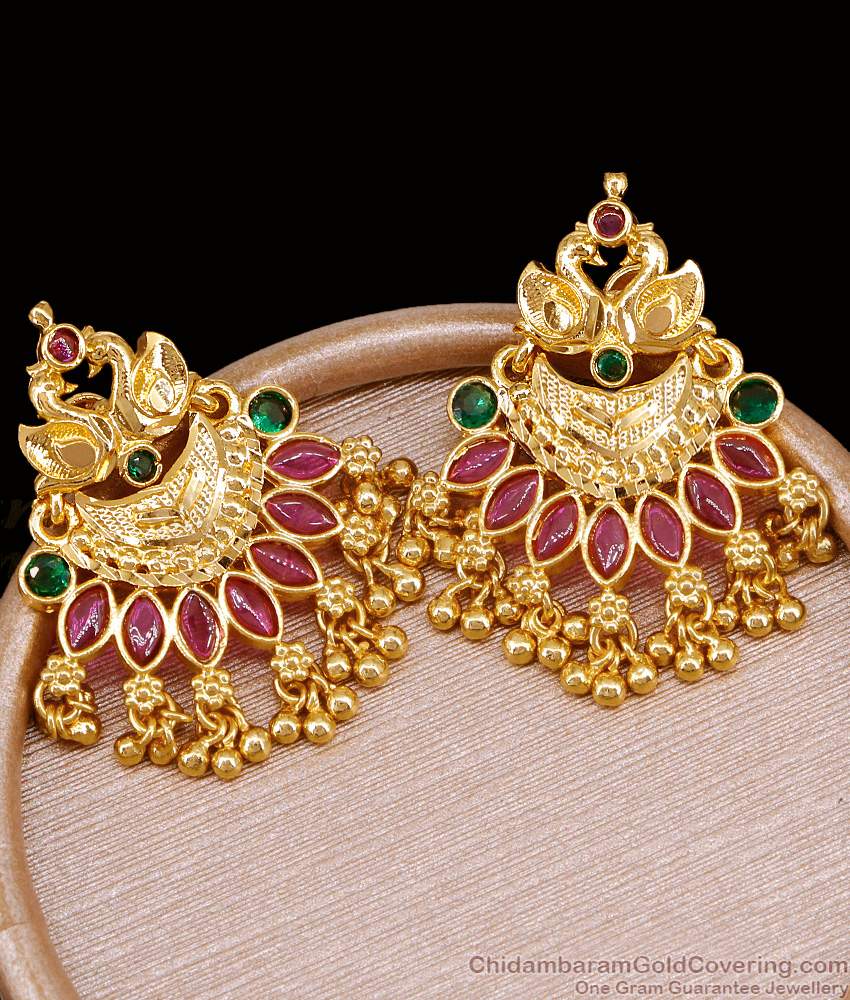 Beautiful Swan Design Kemp Stone Gold Earring With Hanging Beads ER5342 Beautiful Swan Design Kemp Stone Gold Earring With Hanging Beads ER5342