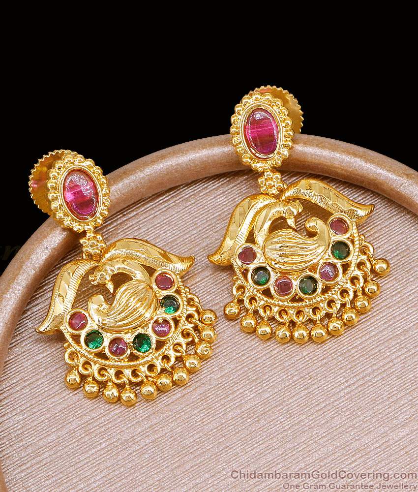High Quality Ruby Green Kemp Stone Gold Earring Peacock Design ER5353