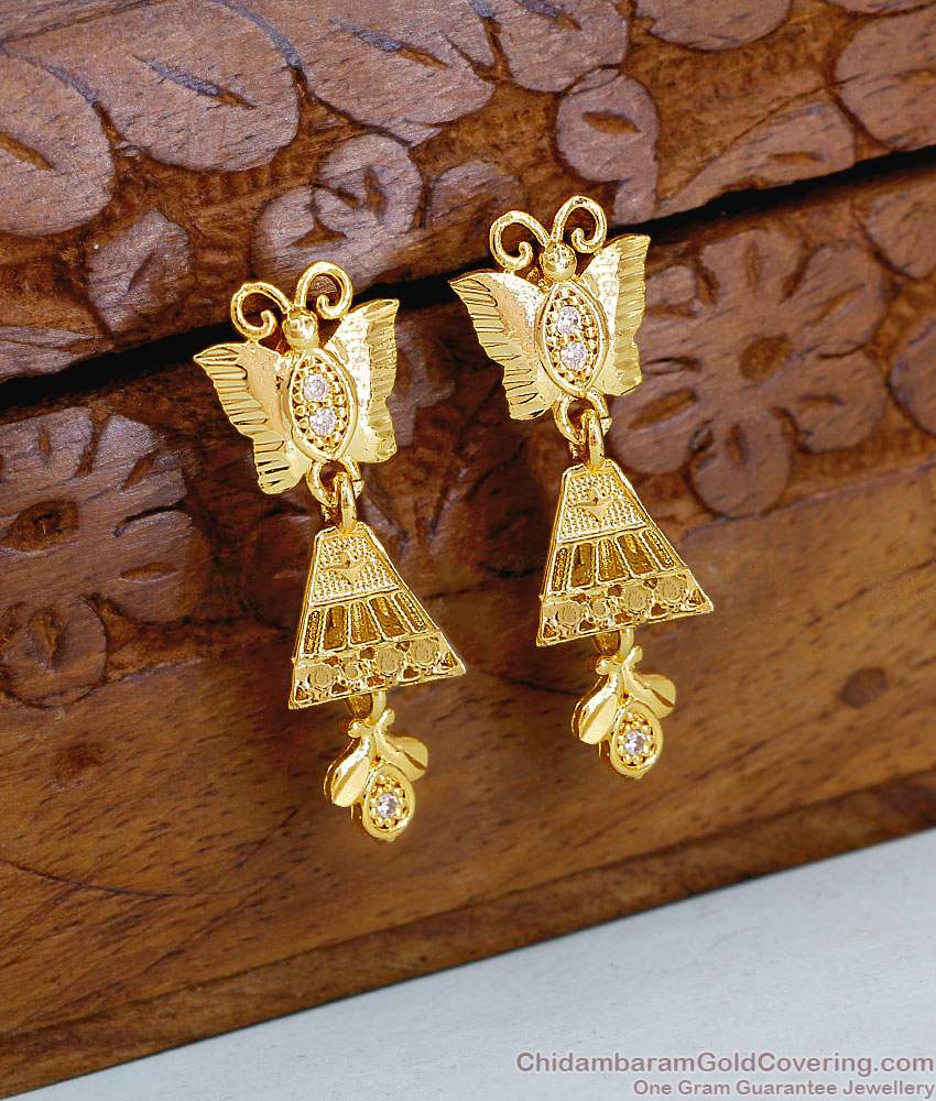 Stylish White Stone Butterfly Design Gold Plated Jhumki Earring Online ER5359 Stylish White Stone Butterfly Design Gold Plated Jhumki Earring Online ER5359