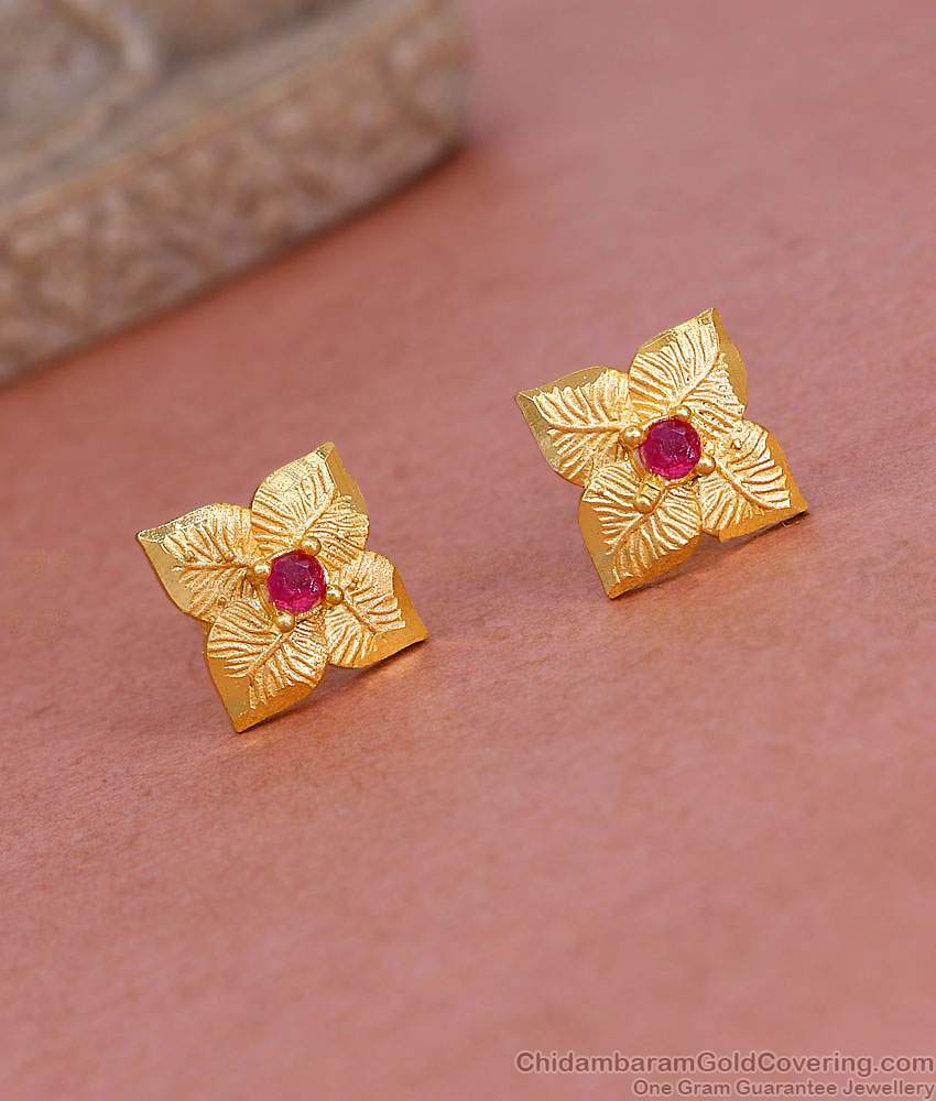 Single Ruby Stone Gold Plated Leaf Stud Earring Designs Online ER5375 Single Ruby Stone Gold Plated Leaf Stud Earring Designs Online ER5375