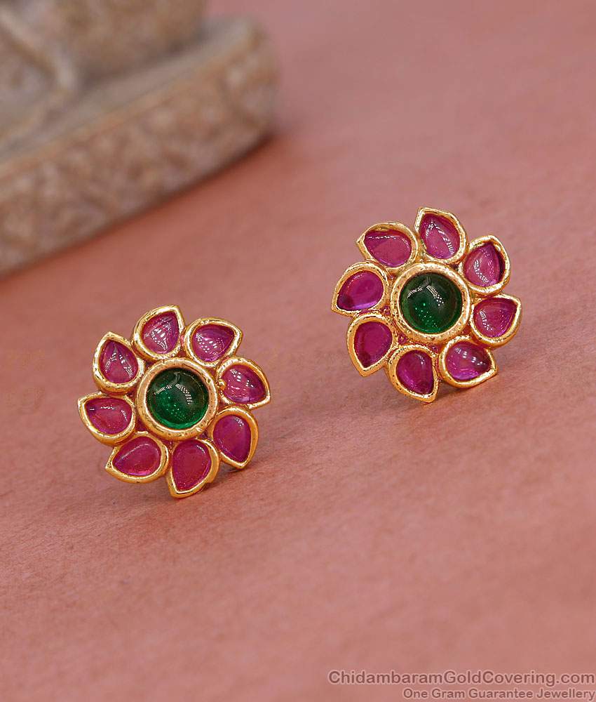 Stylish Ruby Green Kemp Stone Gold Imitation Studs Party Wear Earring ER5378