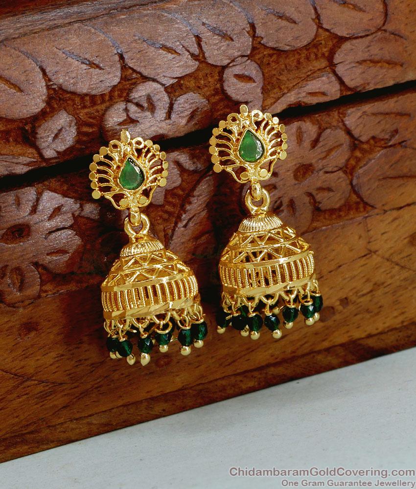 Full Green Stone Gold Imitation Jhumkas Wedding Collectins ER5450 Full Green Stone Gold Imitation Jhumkas Wedding Collectins ER5450
