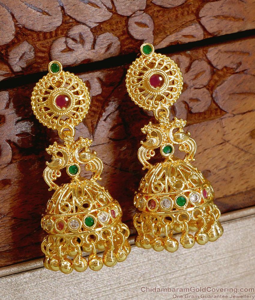 Buy Latest Micro Gold Plated Big Jhumka Earring Peacock Design WIth Stone ER5459