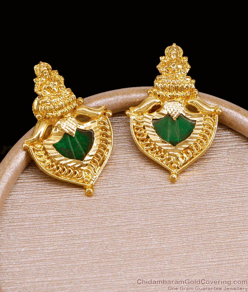 Real Gold Design Green Palakka Stone Kerala Lakshmi Earrings At Affordable Price ER5463