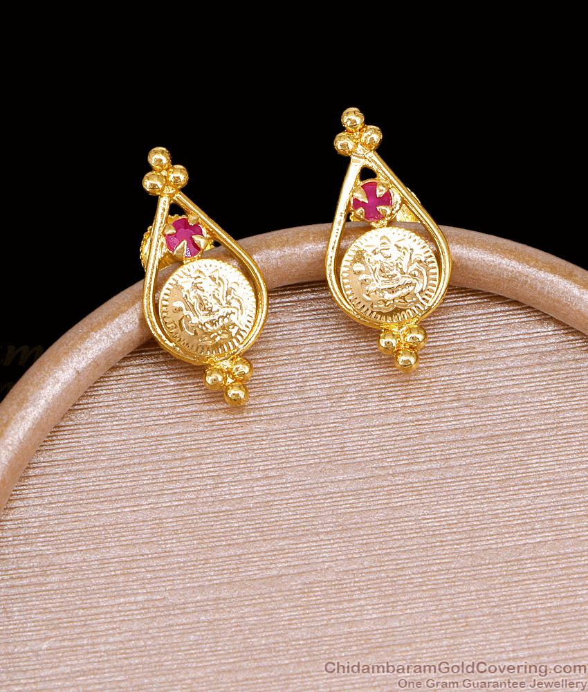 New Arrival Gold Lakshmi Coin Stud Earring With Ruby Stone ER5477