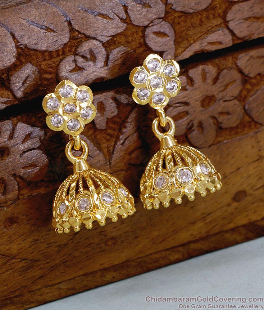 Kerala Bridal Wear Impon Gold Imitation Jhumki White Stone Earring ER5505