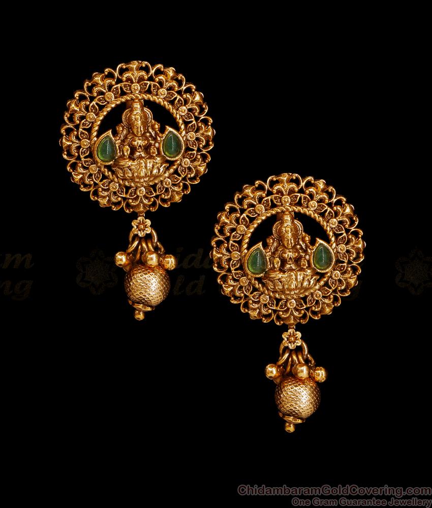 High Quality Antique Gold Emerald Stone Lakshmi Earring For Brides ER5514
