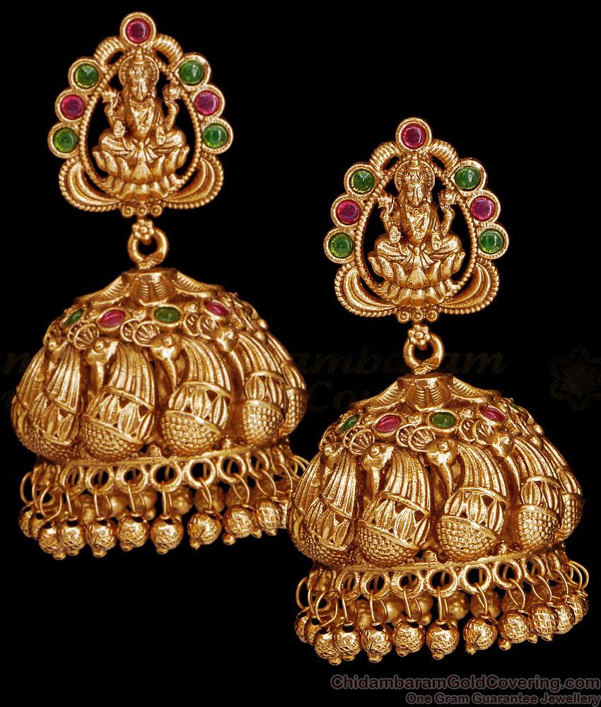 Majestic Lakshmi Peacock Design Antique Gold Jhumki With Stone ER5528
