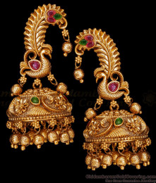 Exquisite Peacock Antique Gold Jhumkas Ruby Green Stone Temple Jewelry ER5531