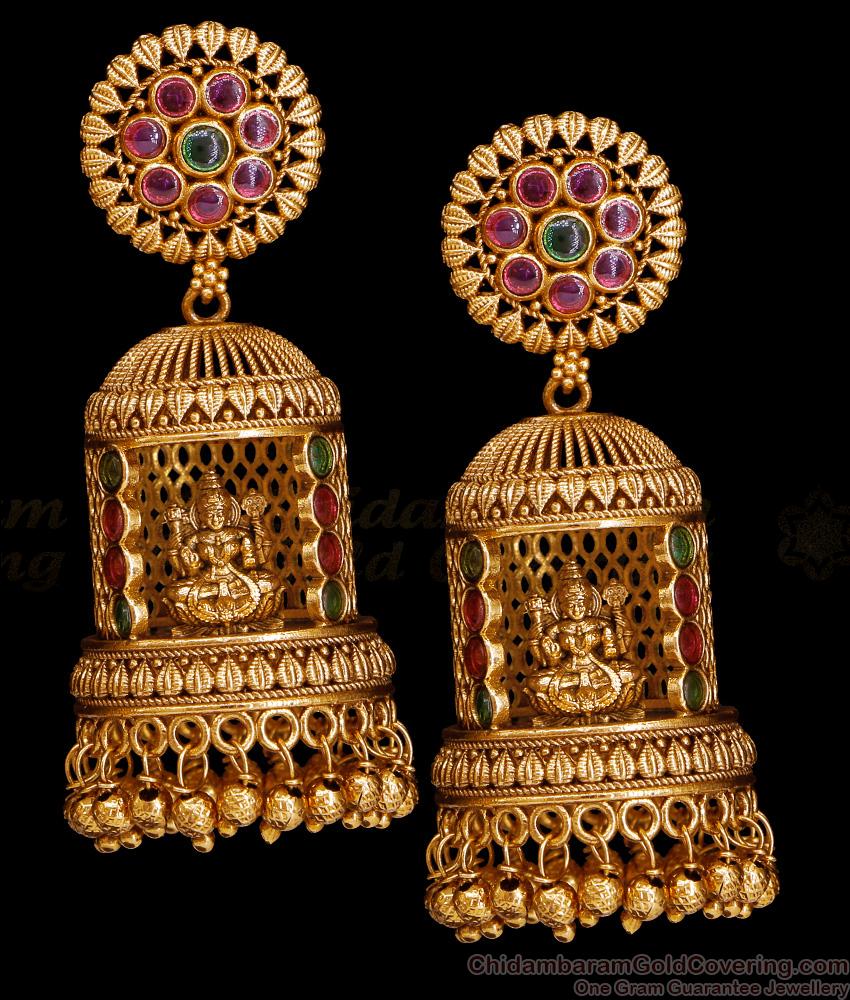 Grand Bridal Lakshmi Antique Jhumkas Kemp Stone Temple Wear ER5532