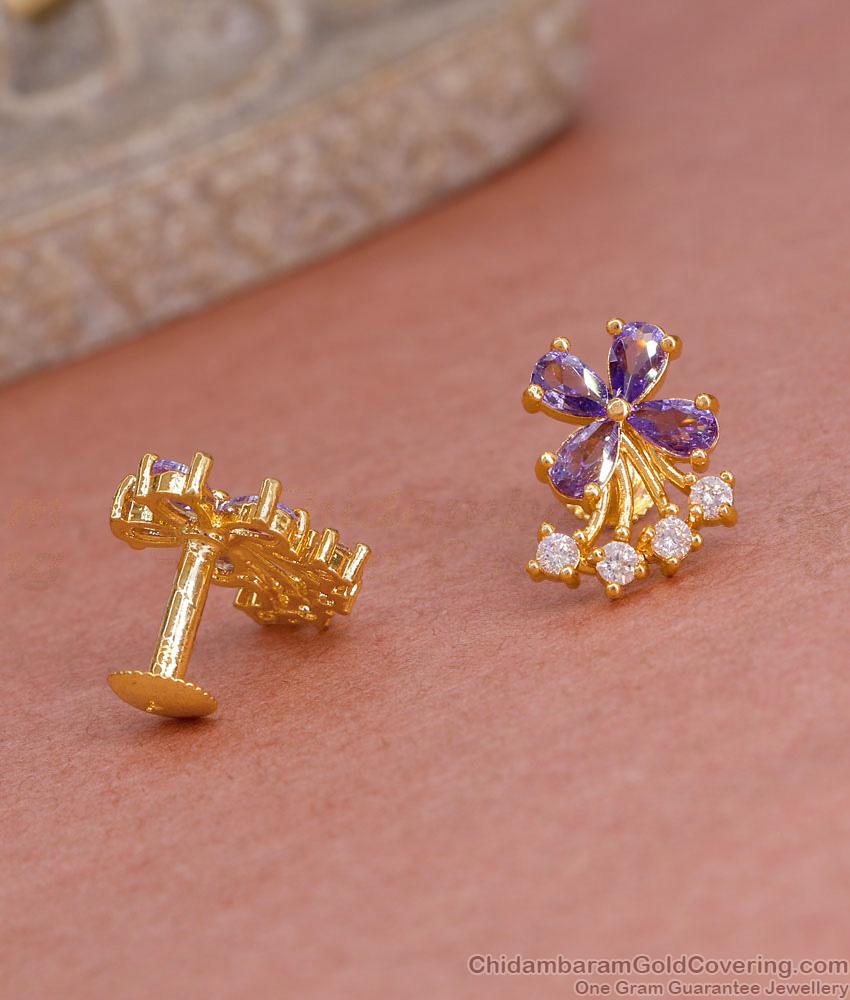 Glittering Amethyst Stone Floral Gold Stud Earring For College Girls ER5568