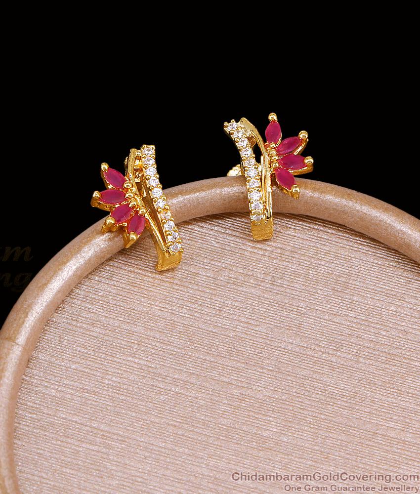 Stylish Ruby White Stone Gold Plated Stud Earring Guarantee Jewelry ER5607