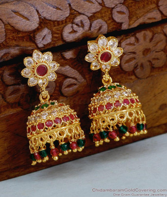 Multi Color Stone Hanging Beads Gold Jhumki Earring Flower Design ER5631