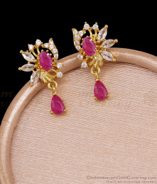 Trendy Ruby White Stone Gold Dangler Earring Floral Design ER5636