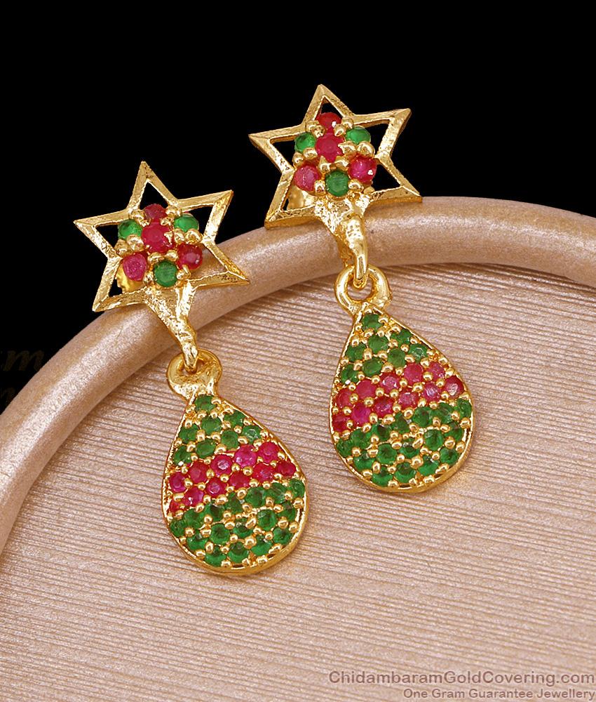 Ruby Green Stone Gold Imitation Dangler Star Earring Designs ER5638
