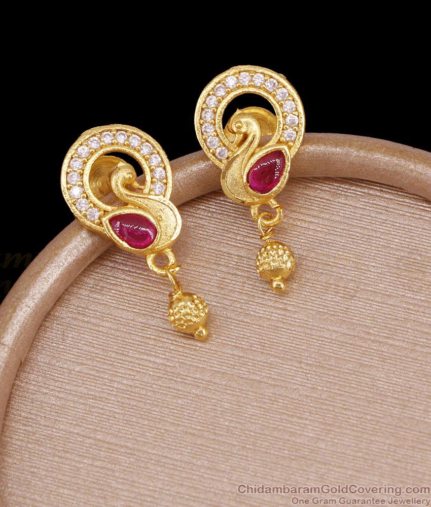 Elegant Ruby White Stone Forming Gold Stud Earring Peacock Design ER5648