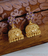 Glittering Amethyst Stone Floral Jhumkas 1 Gram Gold Jewelry ER5695