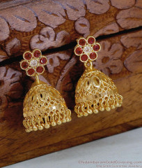 Bridal Wear One Gram Gold Jhumkas With Ruby White Stone ER5700 Bridal Wear One Gram Gold Jhumkas With Ruby White Stone ER5700