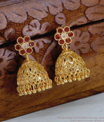 Bridal Wear One Gram Gold Jhumkas With Ruby White Stone ER5700
