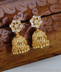 Full White Stone Floral Design Gold Jhumka For Party Wear ER5708 Full White Stone Floral Design Gold Jhumka For Party Wear ER5708