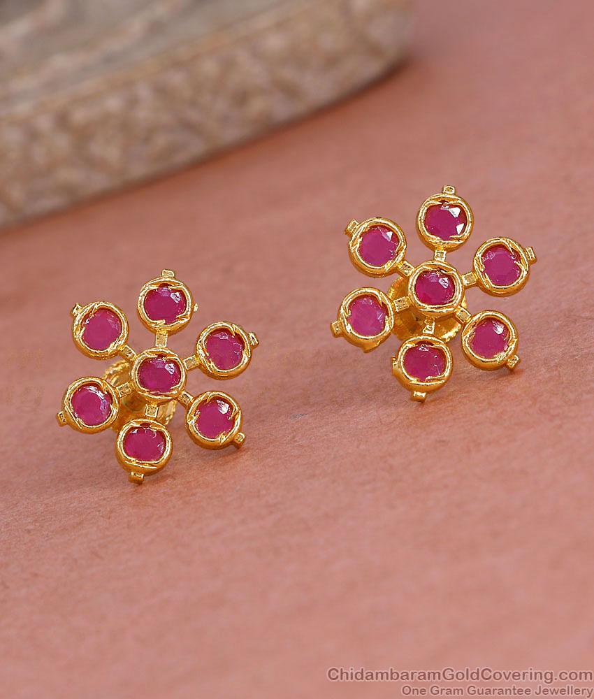 Gold Plated Ruby Stone Flower Studs For Women ER5779 Gold Plated Ruby Stone Flower Studs For Women ER5779