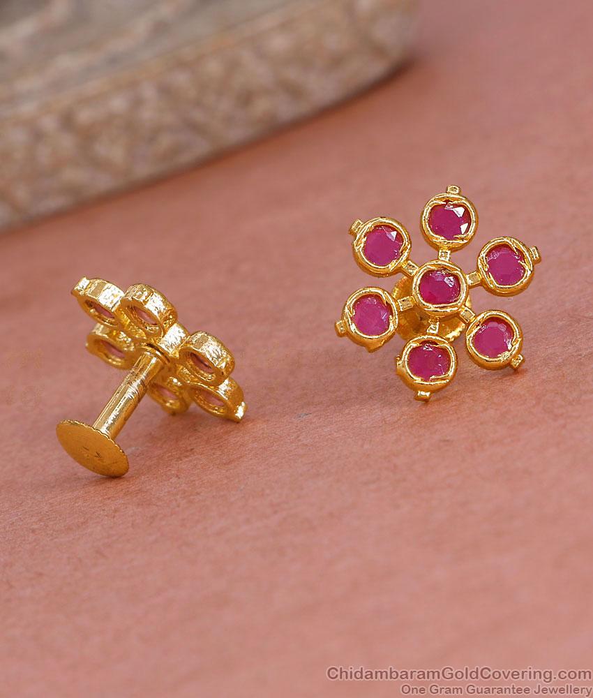 Gold Plated Ruby Stone Flower Studs For Women ER5779 Gold Plated Ruby Stone Flower Studs For Women ER5779