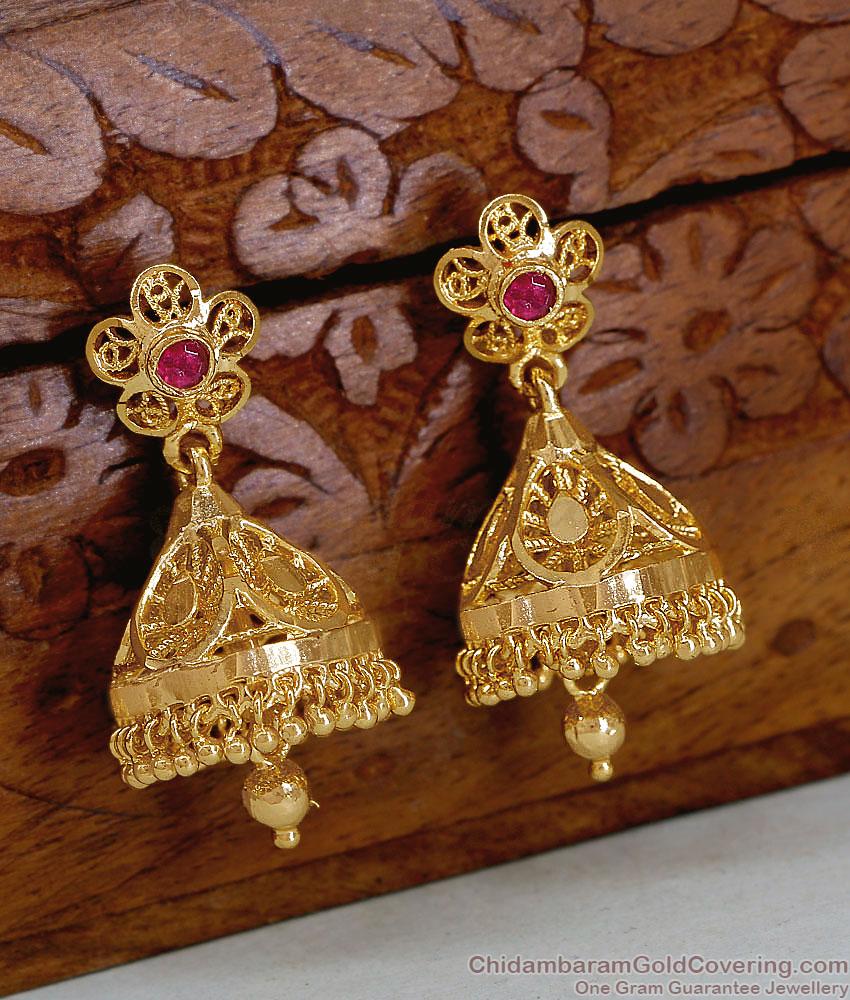 Ruby Drop Jhumkas Textured Gold Bell Design ER5784 Ruby Drop Jhumkas Textured Gold Bell Design ER5784