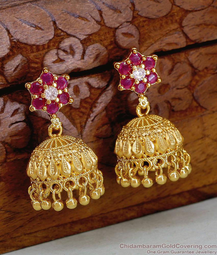 Premium Ruby CZ Floral Forming Gold Jhumka Danglers ER5785 Premium Ruby CZ Floral Forming Gold Jhumka Danglers ER5785