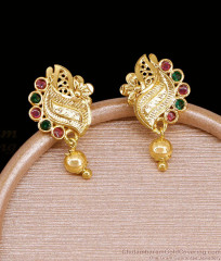 Peacock Motif Gold Stud Earrings Ruby Green Drop ER5791