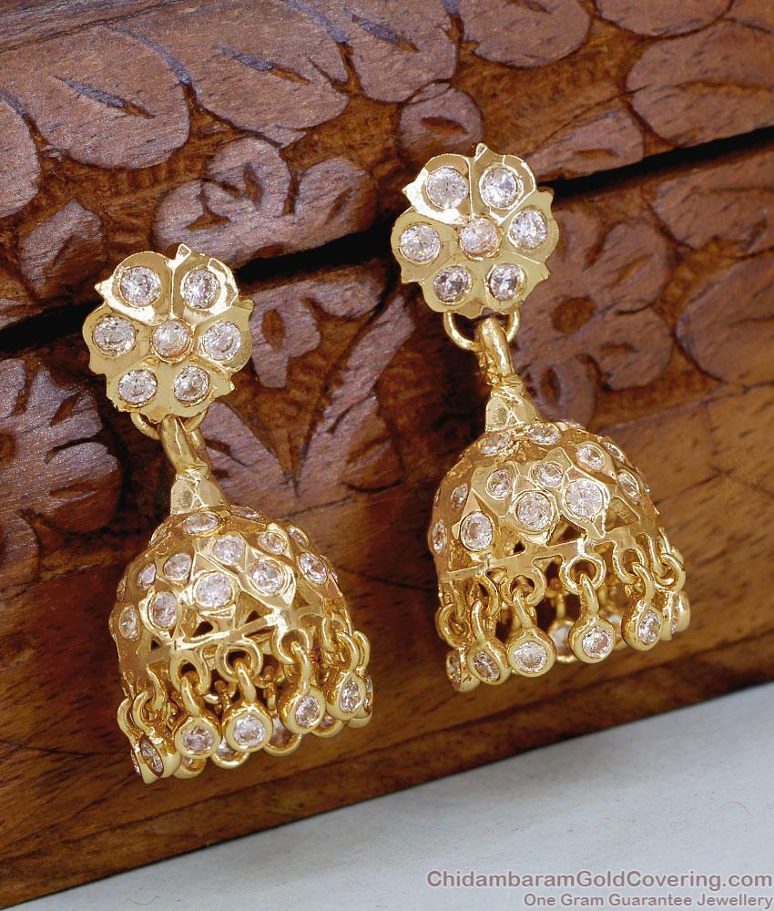 New Model Full White Stone Impon Jhumkas For Brides ER5852 New Model Full White Stone Impon Jhumkas For Brides ER5852