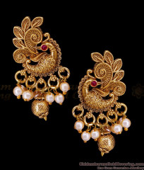 Peacock Design Antique Gold Earrings With Pearl Drops ER5858 Peacock Design Antique Gold Earrings With Pearl Drops ER5858