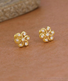 White Stone Screw Back Gold Stud Earring Floral Design ER5885